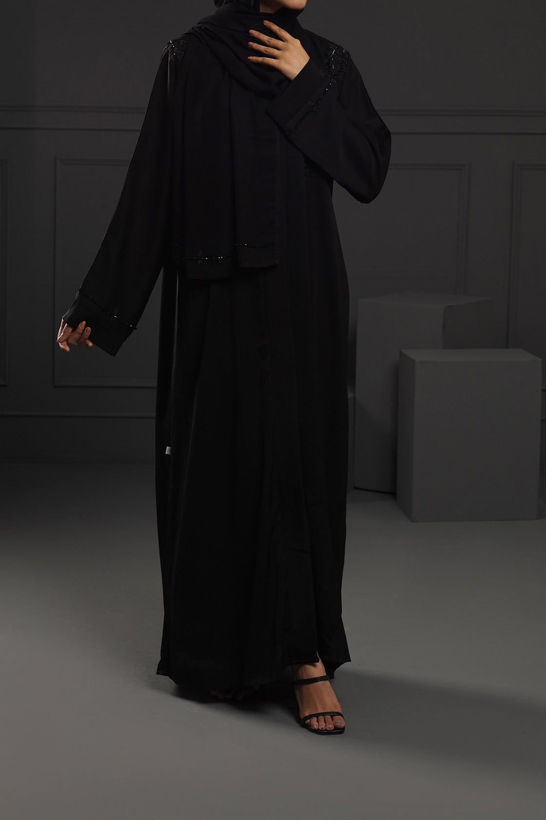 Abaya Black front EMB