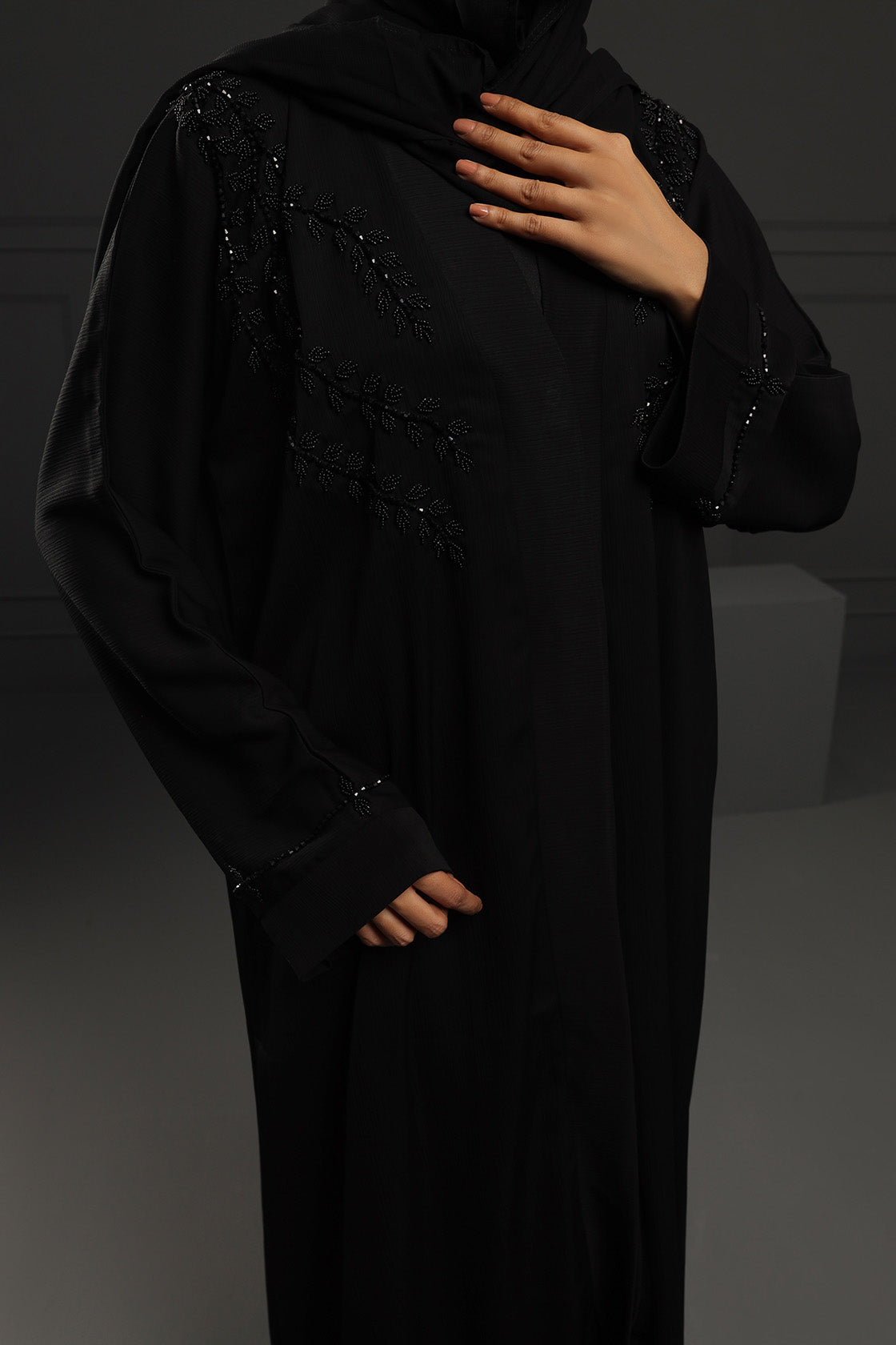 Abaya Black front EMB
