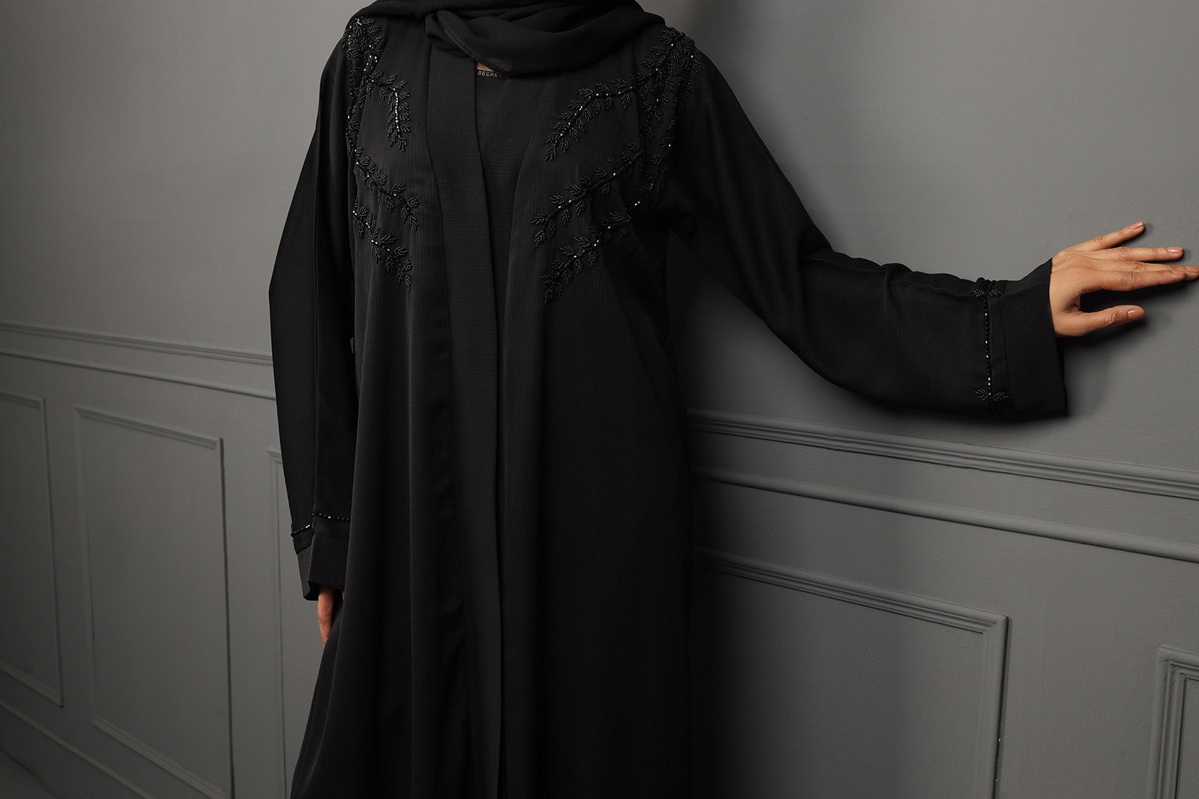 Abaya Black front EMB