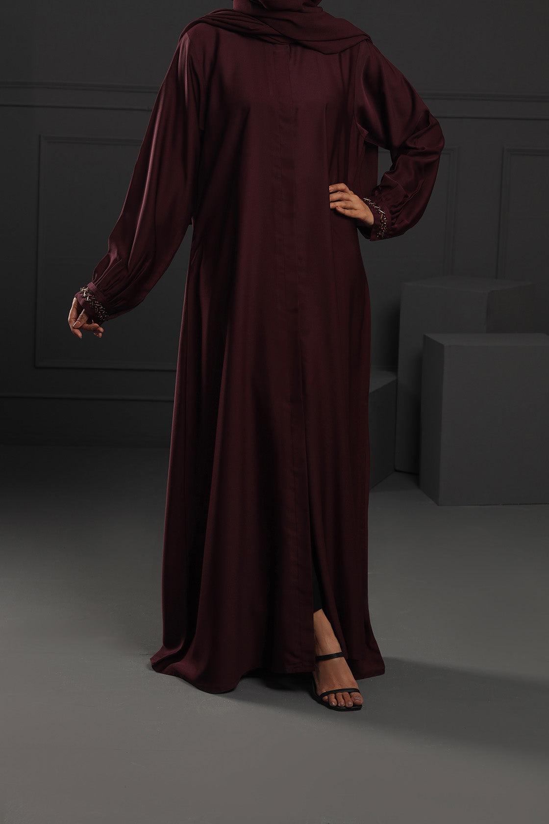 Abaya Maroon Sleeves Hand Emb