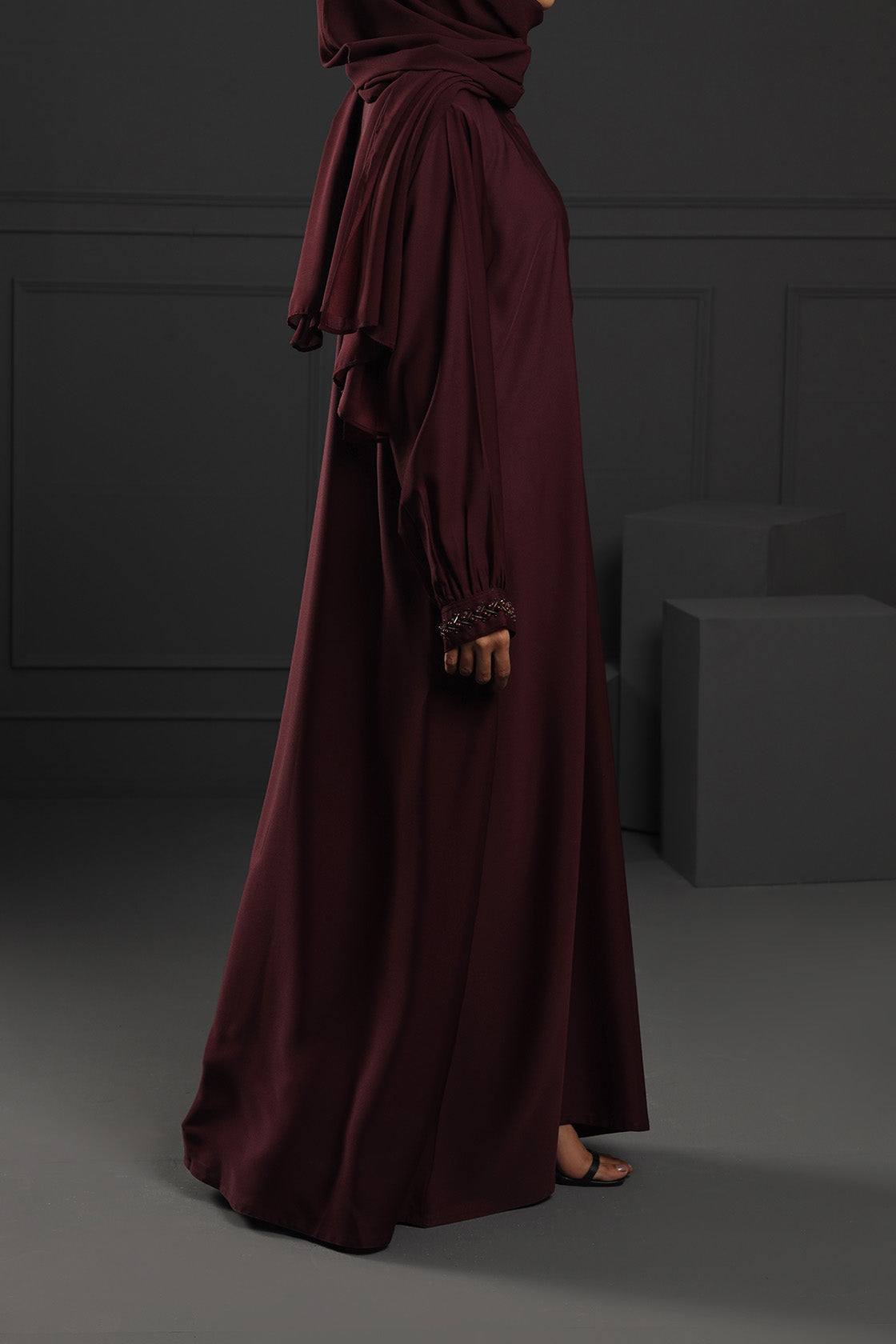 Abaya Maroon Sleeves Hand Emb