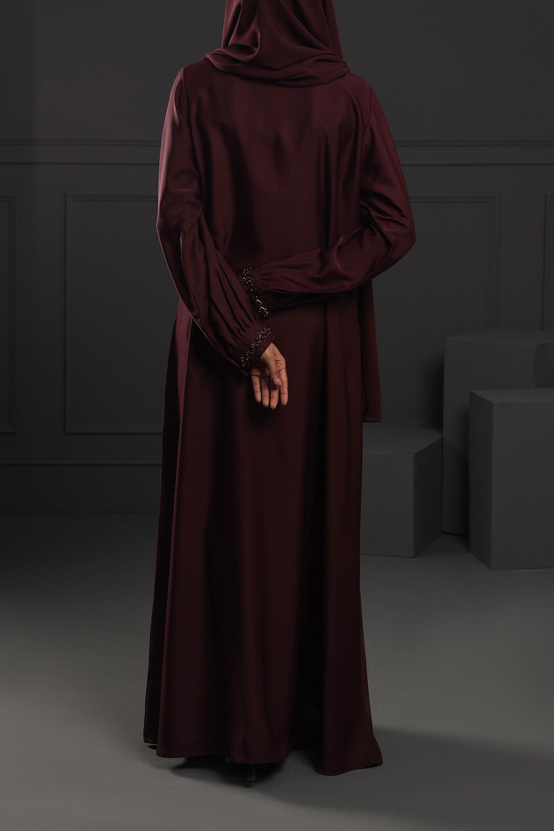 Abaya Maroon Sleeves Hand Emb