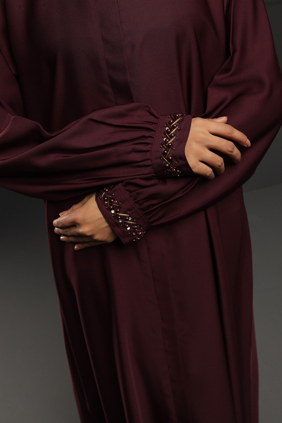 Abaya Maroon Sleeves Hand Emb