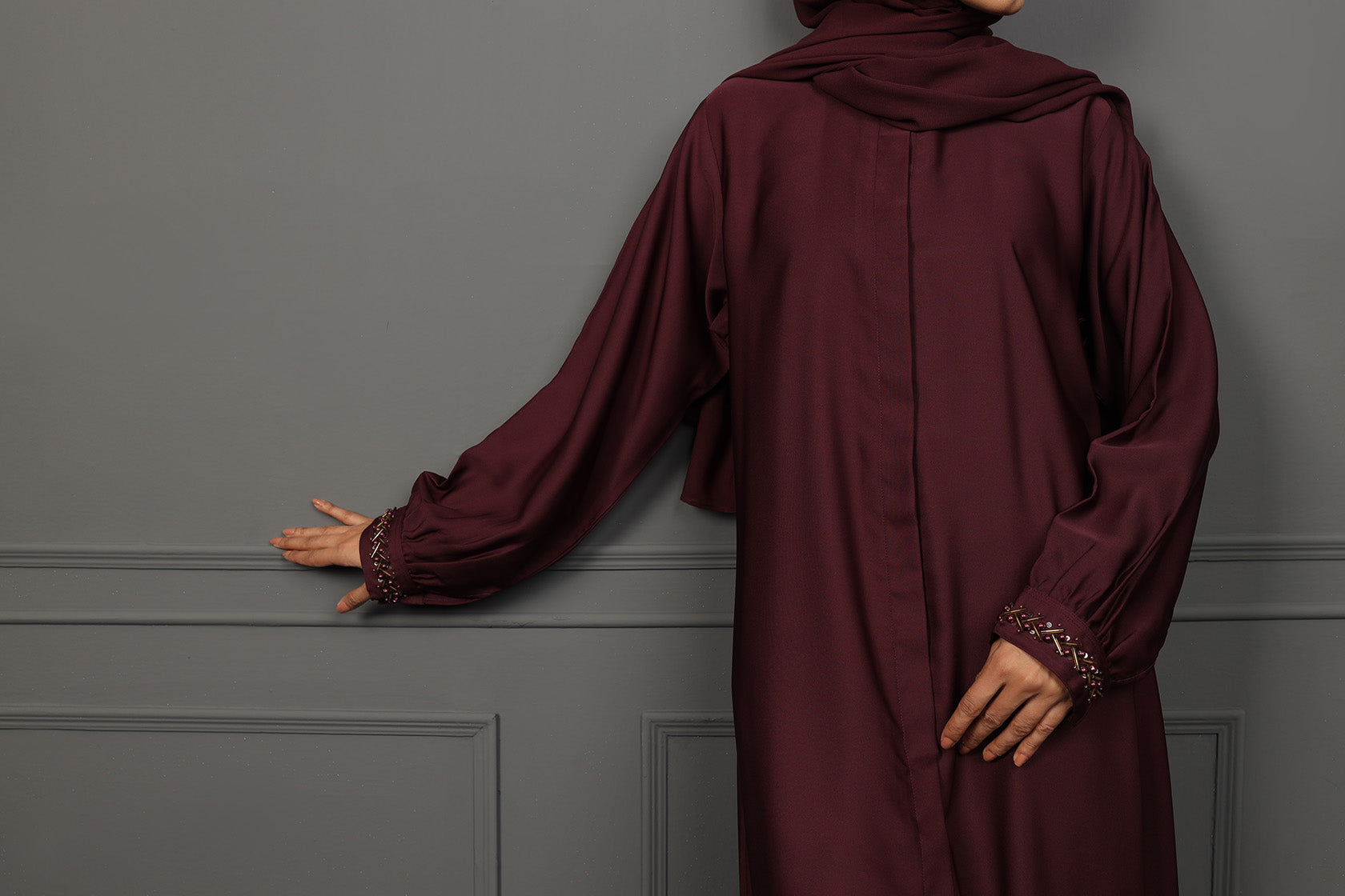 Abaya Maroon Sleeves Hand Emb