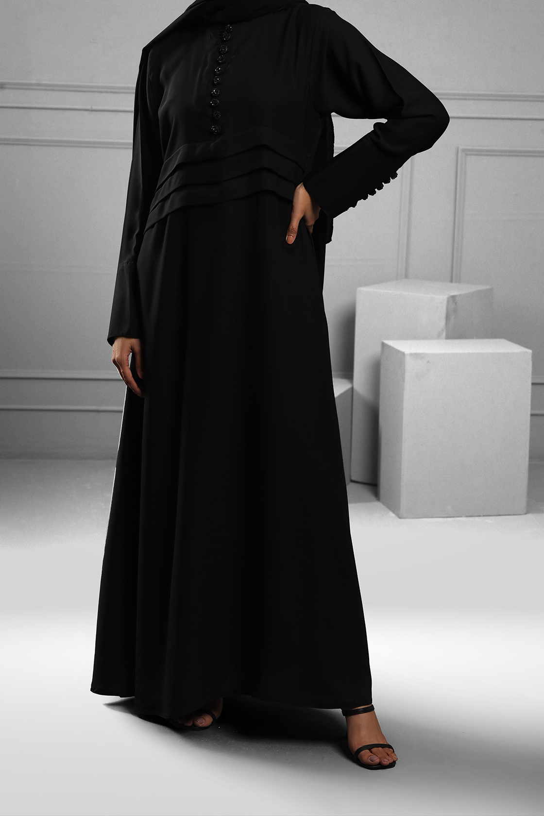 Abaya Black Hand Work Buttons