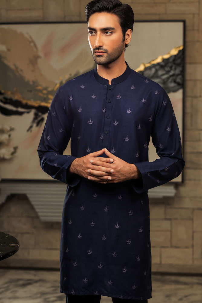 Men Printed Navy Blue Kurta Pajama