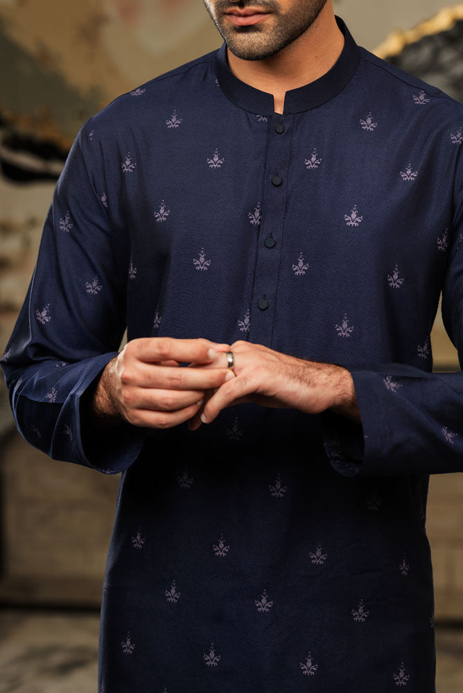 Men Printed Navy Blue Kurta Pajama