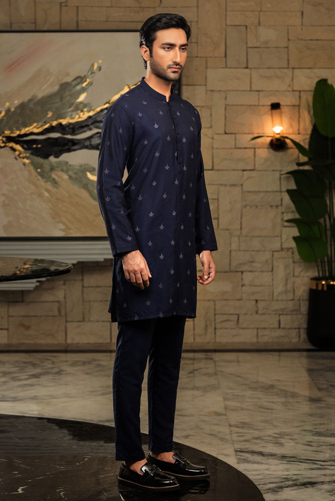 Men Printed Navy Blue Kurta Pajama