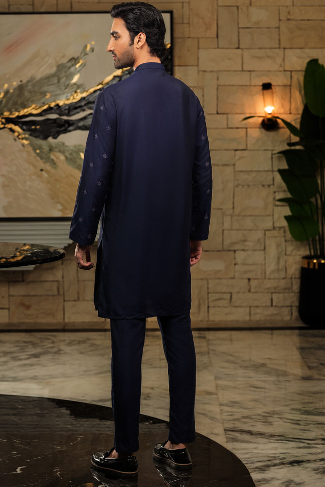 Men Printed Navy Blue Kurta Pajama