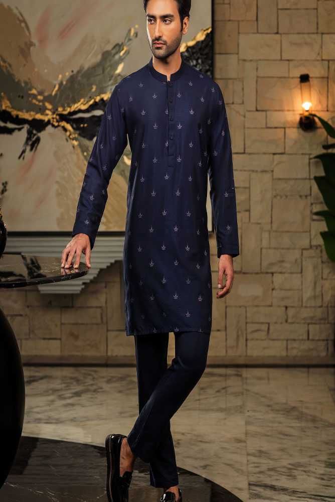 Men Printed Navy Blue Kurta Pajama