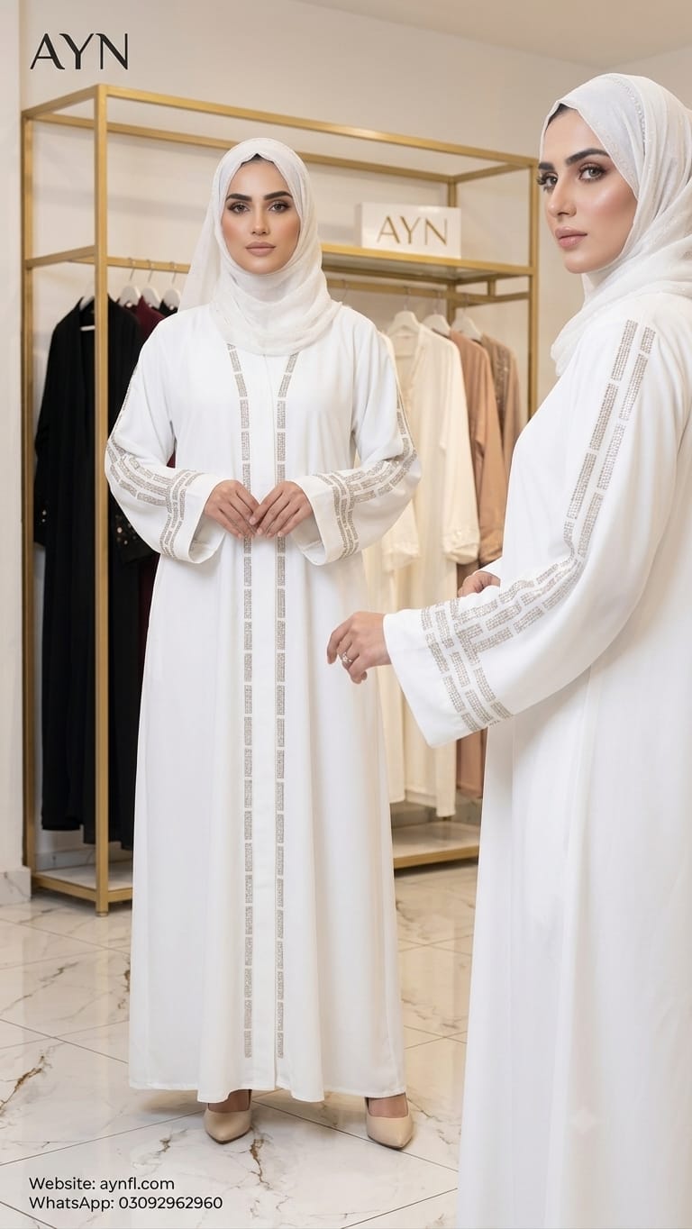 White Fancy Abaya With Unique Stone By AYN