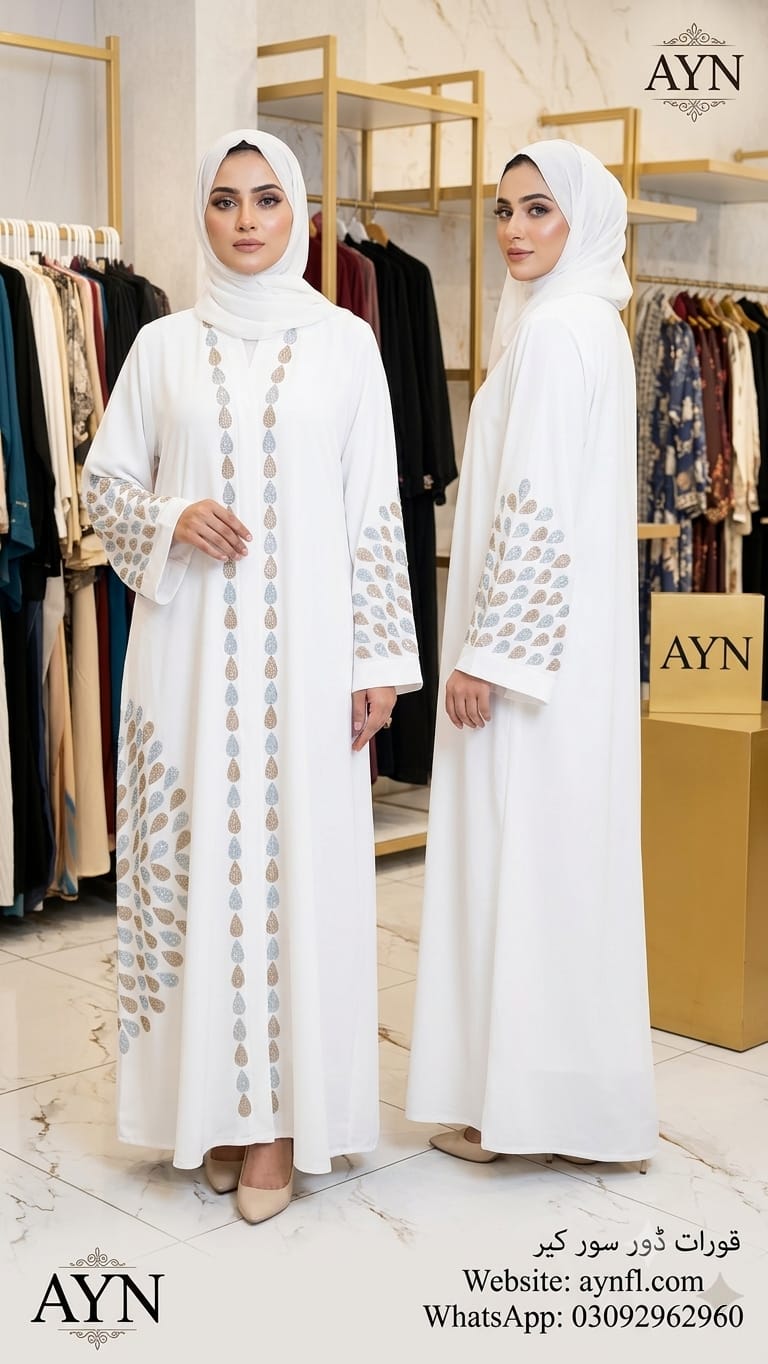 White Fancy Abaya With Unique Stone By AYN
