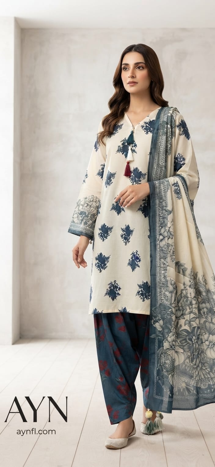 Swiss Lawn 3 Pcs With Farshi Shalwar