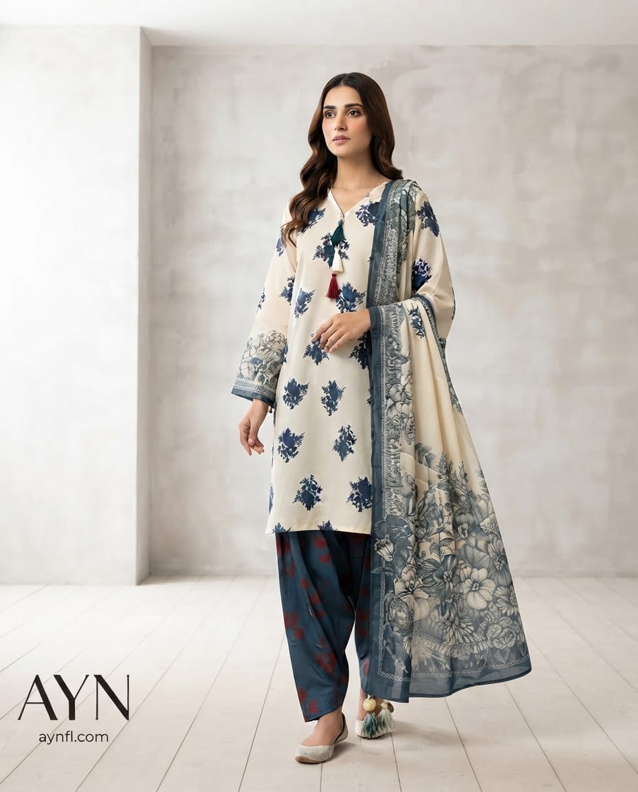 Swiss Lawn 3 Pcs With Farshi Shalwar