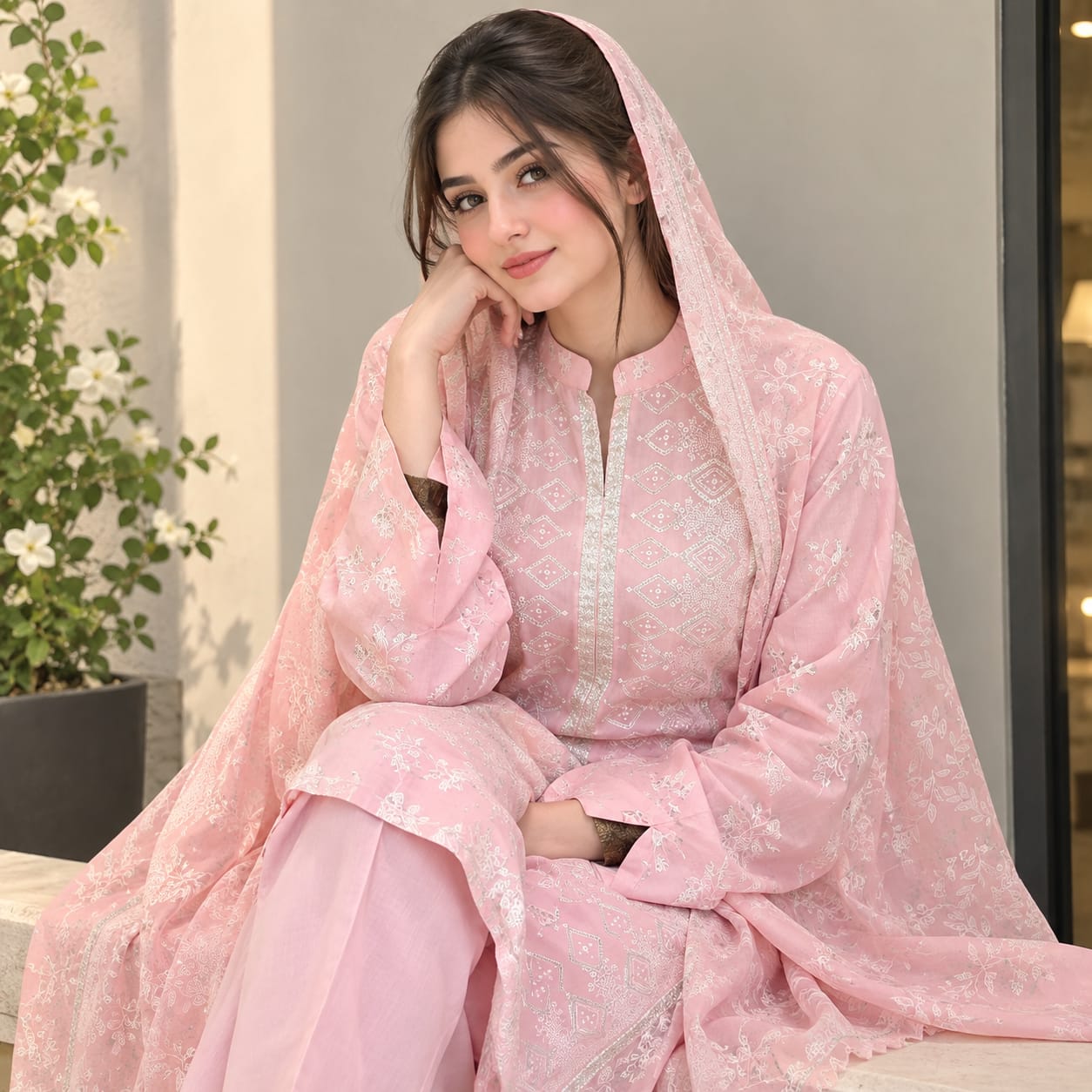 Glitter Lawn Pink 3Pcs Suit By AYN